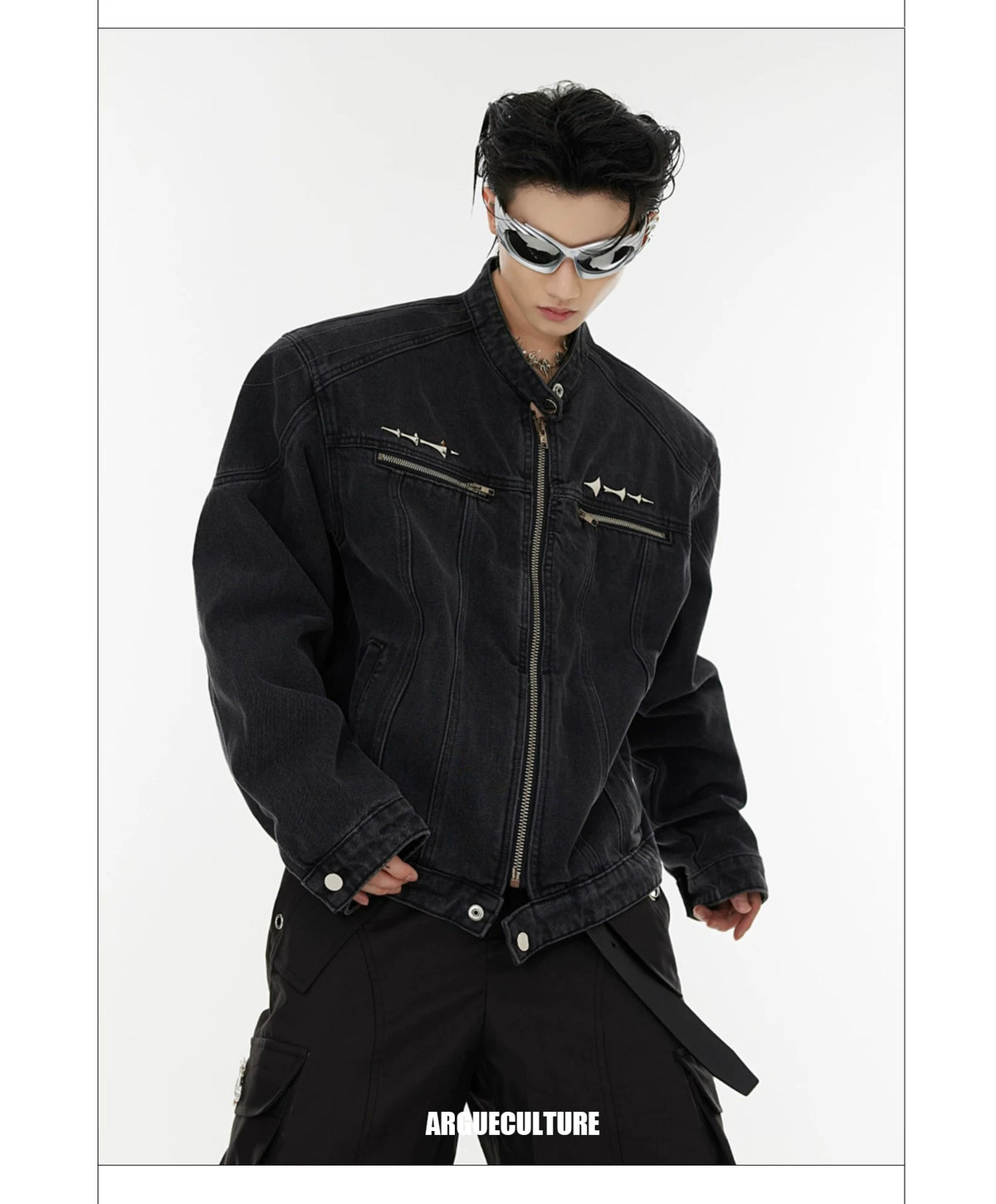 Washed Cropped Denim Jacket with Metal Details | Black & Blue - description image 10