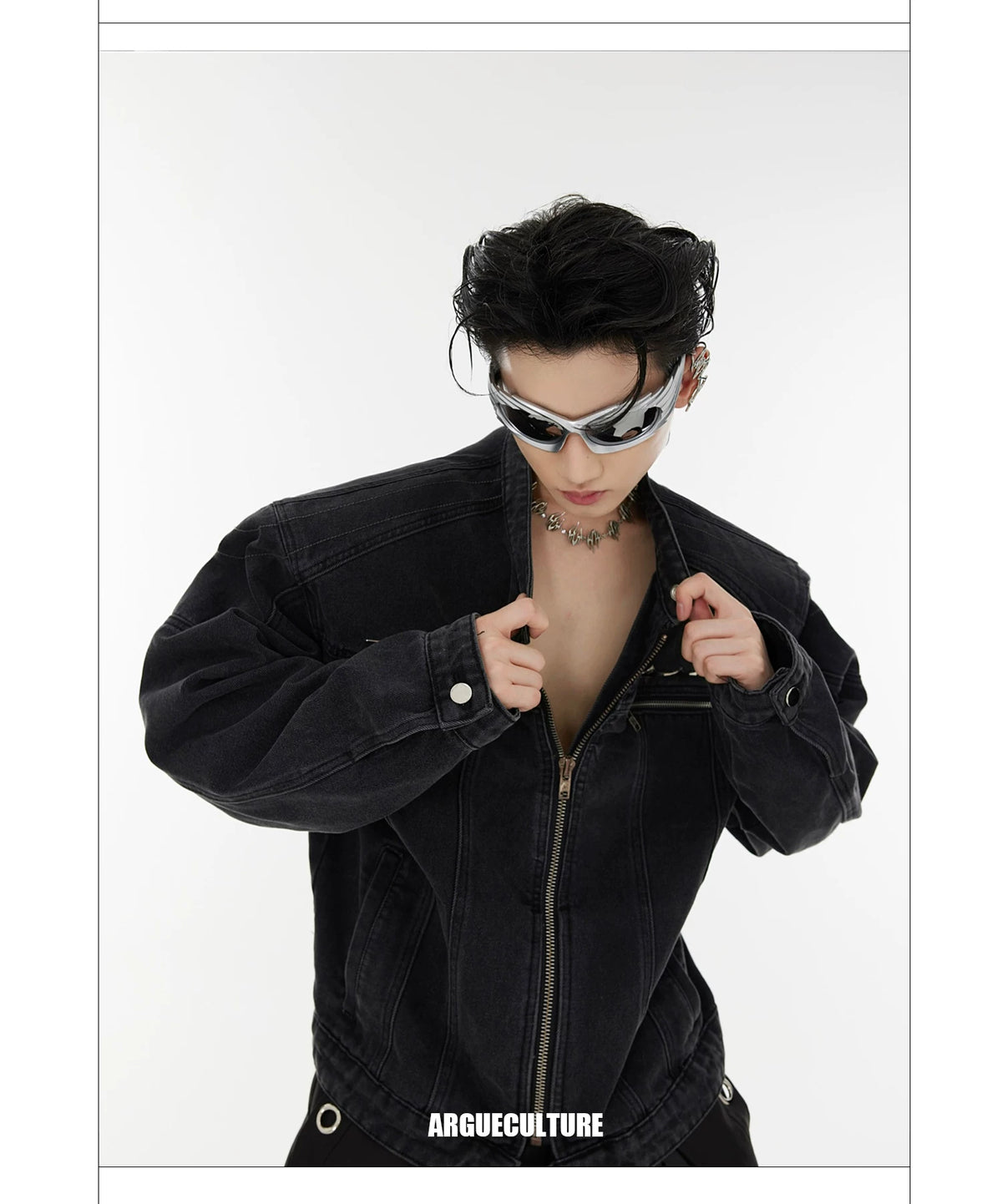 Washed Cropped Denim Jacket with Metal Details | Black & Blue - description image 11