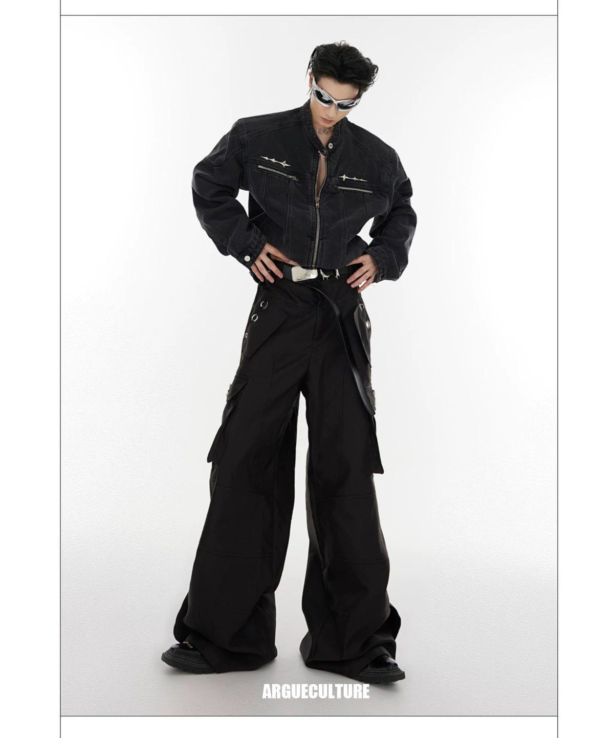 Washed Cropped Denim Jacket with Metal Details | Black & Blue - description image 13