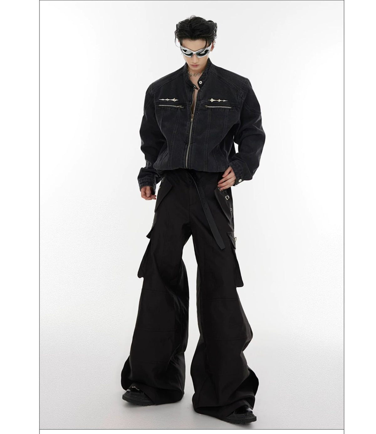 Washed Cropped Denim Jacket with Metal Details | Black & Blue - description image 14