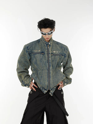 Washed Cropped Denim Jacket with Metal Details | Black & Blue - main image 2