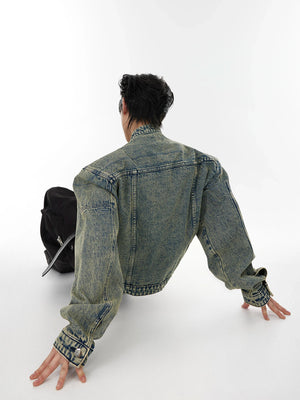 Washed Cropped Denim Jacket with Metal Details | Black & Blue - main image 4