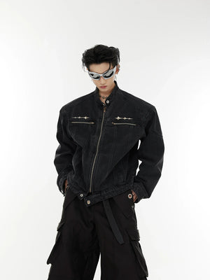 Washed Cropped Denim Jacket with Metal Details | Black & Blue - Black Top
