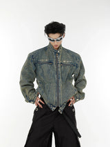 Washed Cropped Denim Jacket with Metal Details | Black & Blue - Blue Top