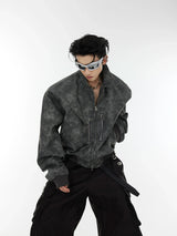 Gradient Polka Dot Cropped Jacket with Metal Zipper - Gray