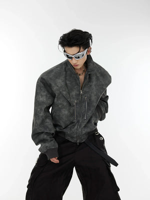 Gradient Polka Dot Cropped Jacket with Metal Zipper - Gray