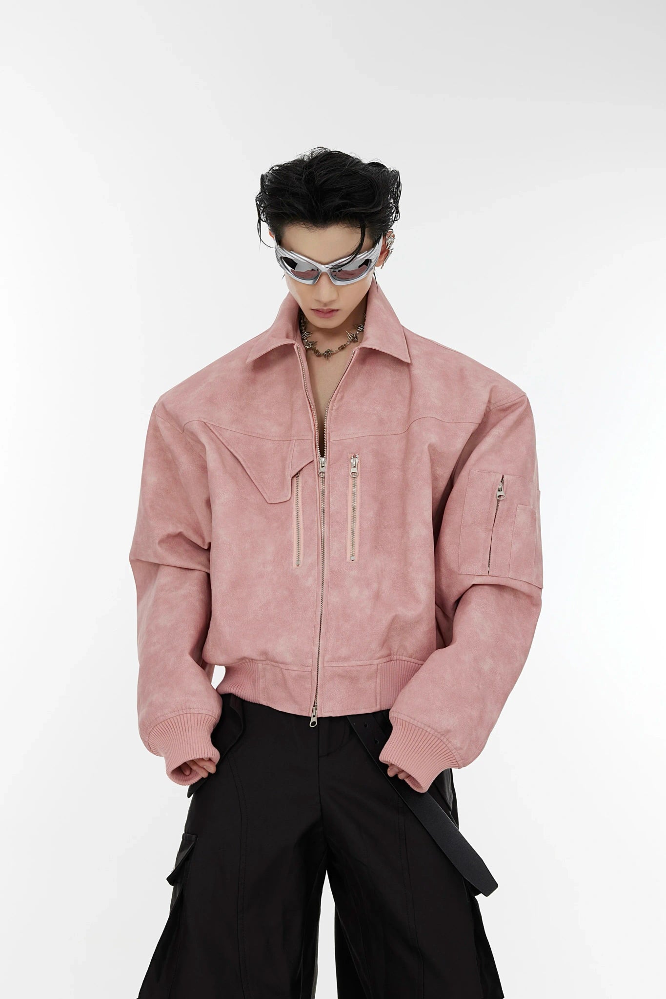 Gradient Polka Dot Cropped Jacket with Metal Zipper - Pink