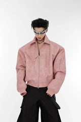 Gradient Polka Dot Cropped Jacket with Metal Zipper - Pink