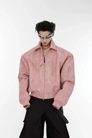 Gradient Polka Dot Cropped Jacket with Metal Zipper - Pink
