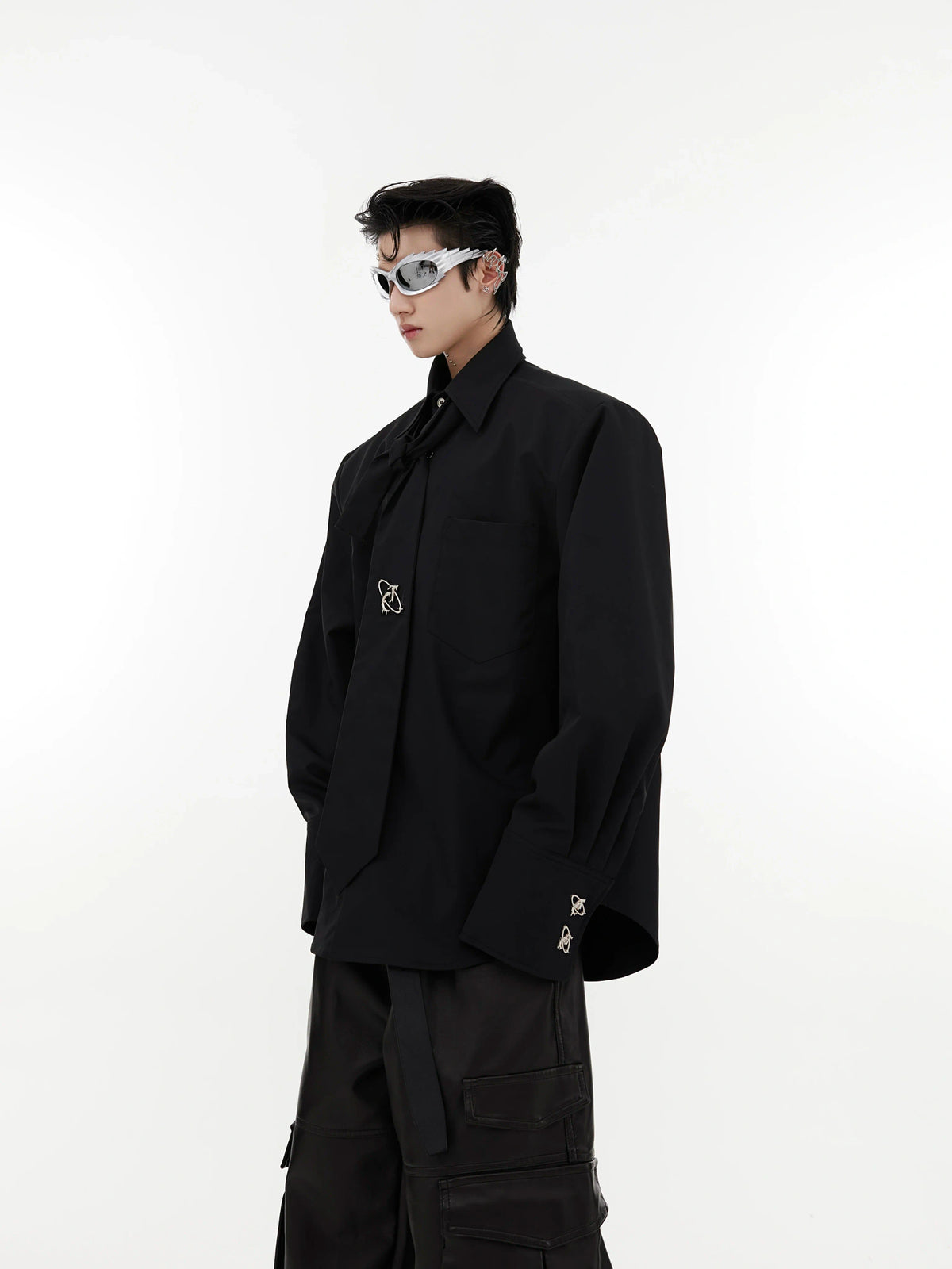 Tie-Detail Cotton Shoulder-Pad Shirt | Black or White - main image 1