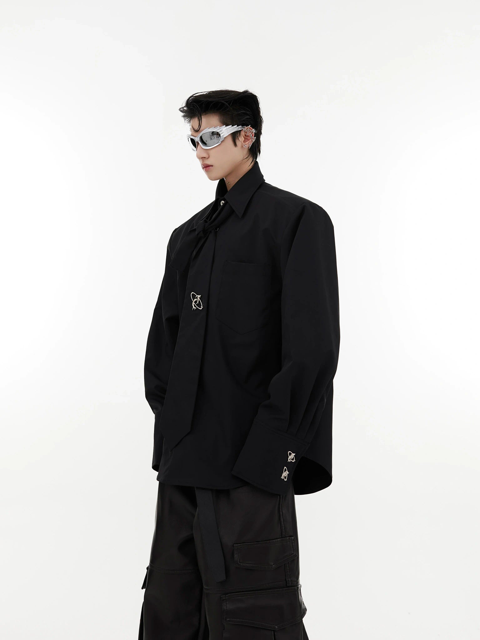 Tie-Detail Cotton Shoulder-Pad Shirt | Black or White - main image 1