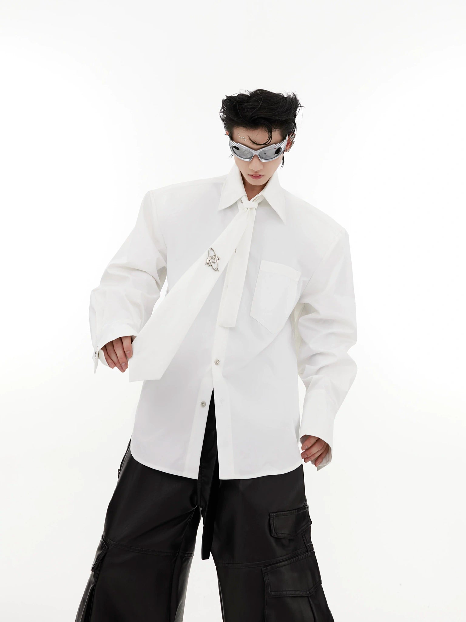 Tie-Detail Cotton Shoulder-Pad Shirt | Black or White - main image 2