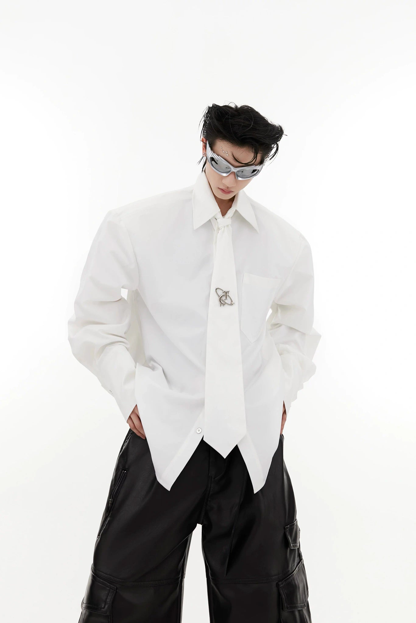 Tie-Detail Cotton Shoulder-Pad Shirt | Black or White - White