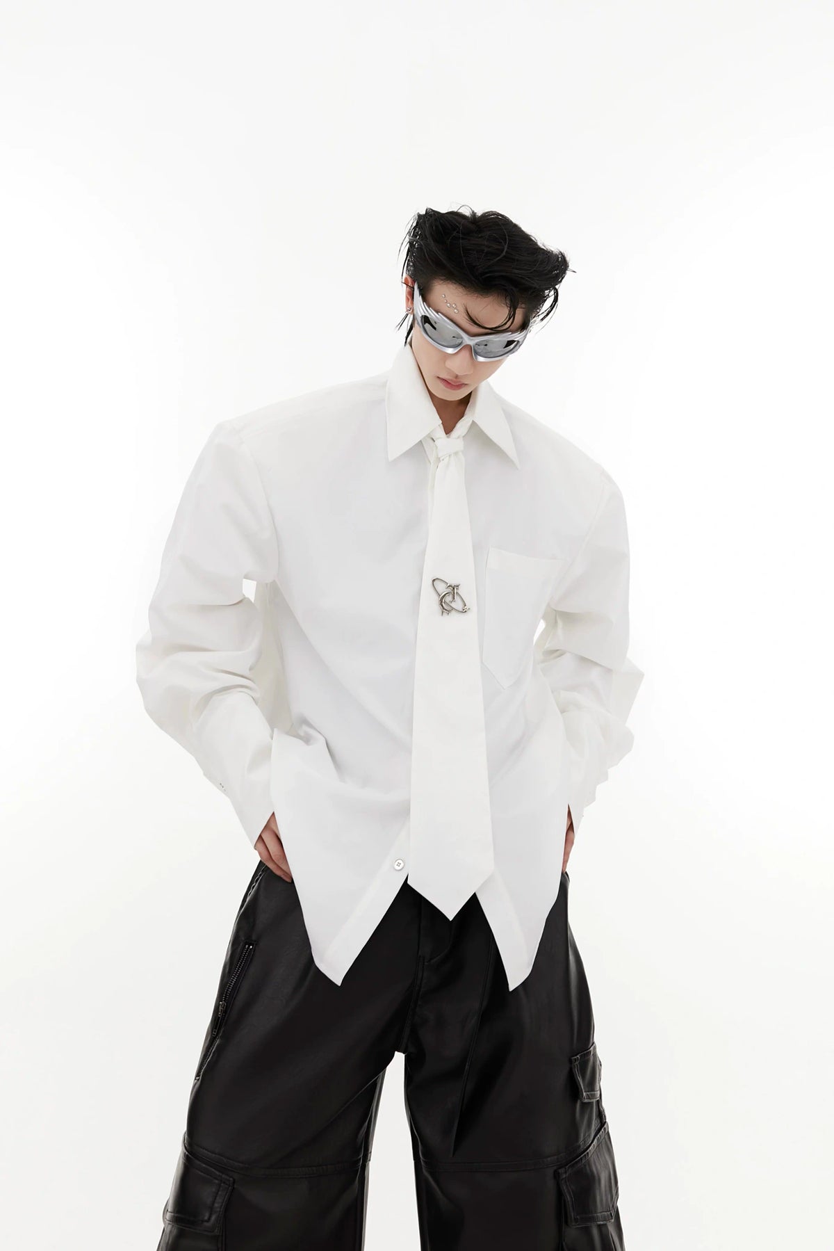 Tie-Detail Cotton Shoulder-Pad Shirt | Black or White - White
