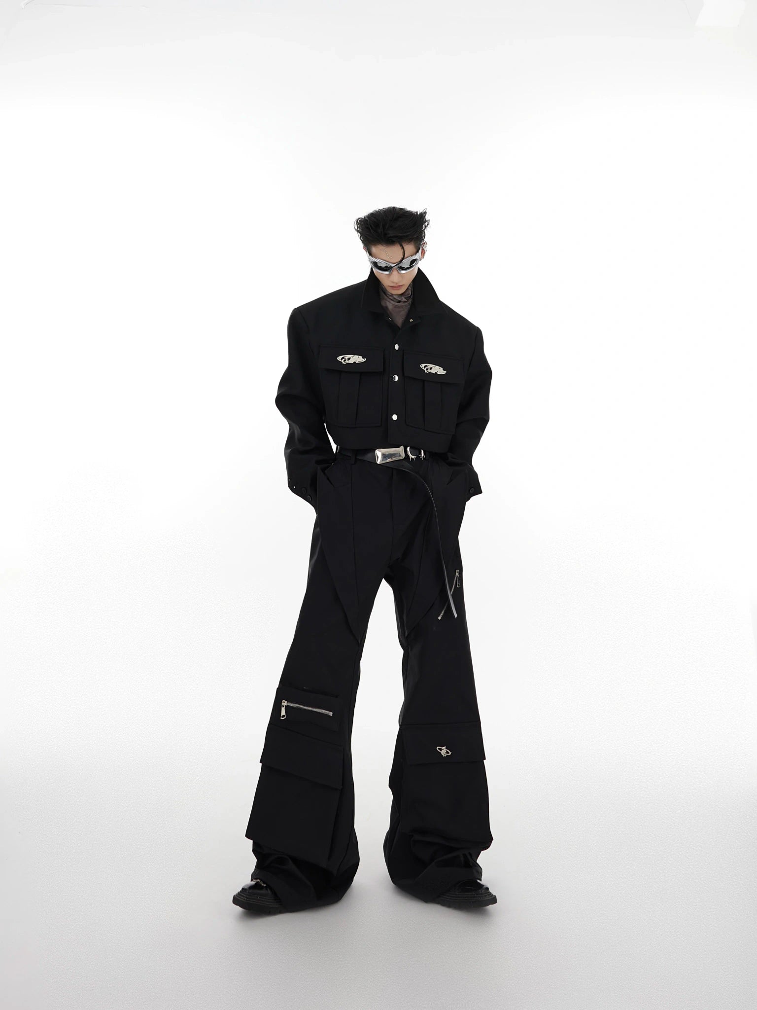 Black High-Waisted Paneled Utility Trousers - main image 3