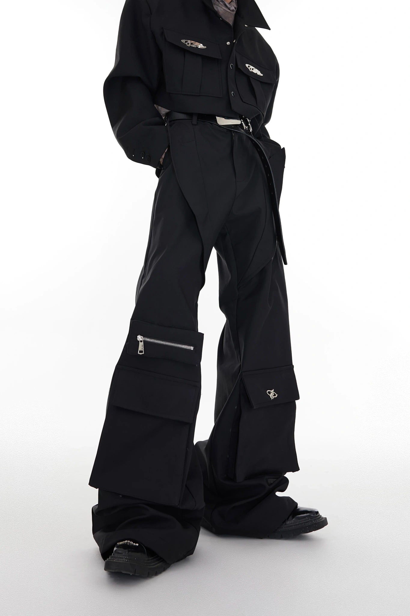 Black High-Waisted Paneled Utility Trousers - Black
