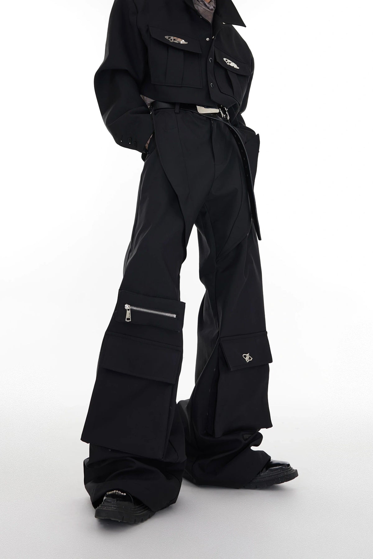 Black High-Waisted Paneled Utility Trousers - Black