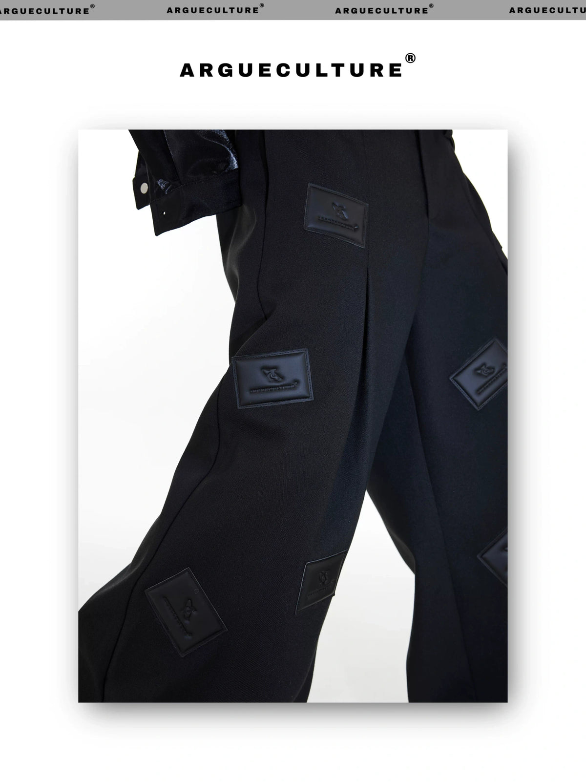 Black Wide-Leg Tailored Trousers with Embossed Detail - description image 8