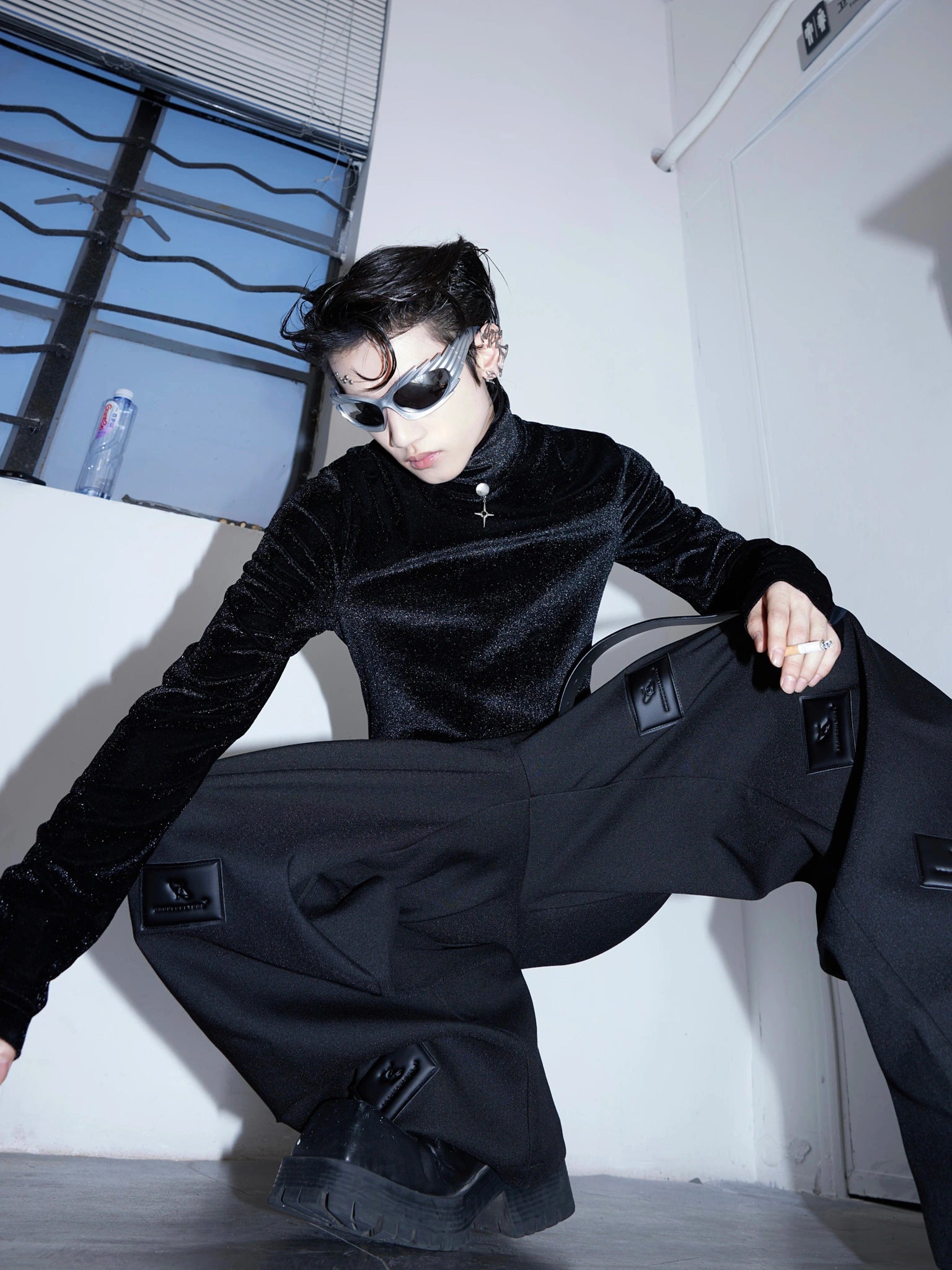 Black Wide-Leg Tailored Trousers with Embossed Detail - main image 3
