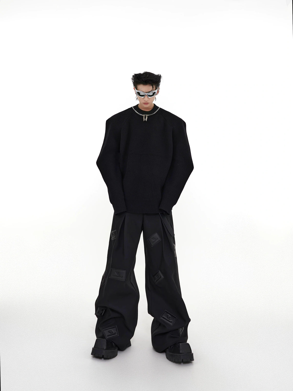 Black Wide-Leg Tailored Trousers with Embossed Detail - main image 5