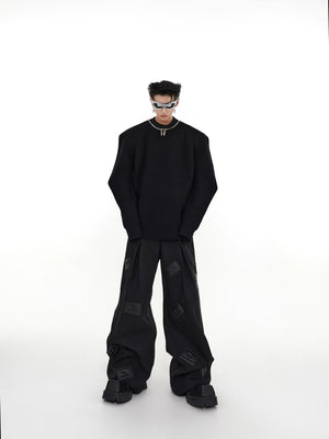 Black Wide-Leg Tailored Trousers with Embossed Detail - main image 5