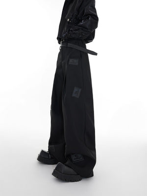 Black Wide-Leg Tailored Trousers with Embossed Detail - Black