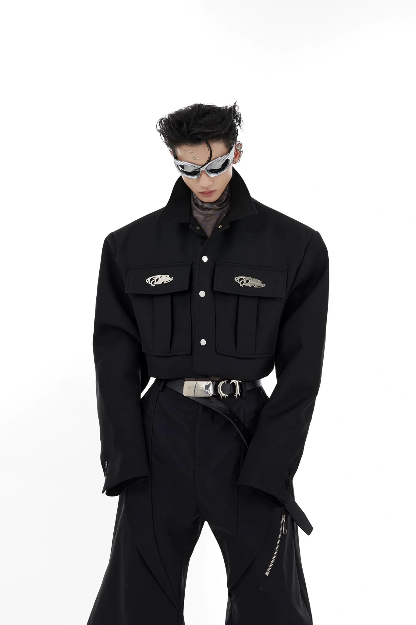 Black Cropped Utility Pocket Jacket | Unisex - Black