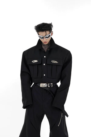 Black Cropped Utility Pocket Jacket | Unisex - Black