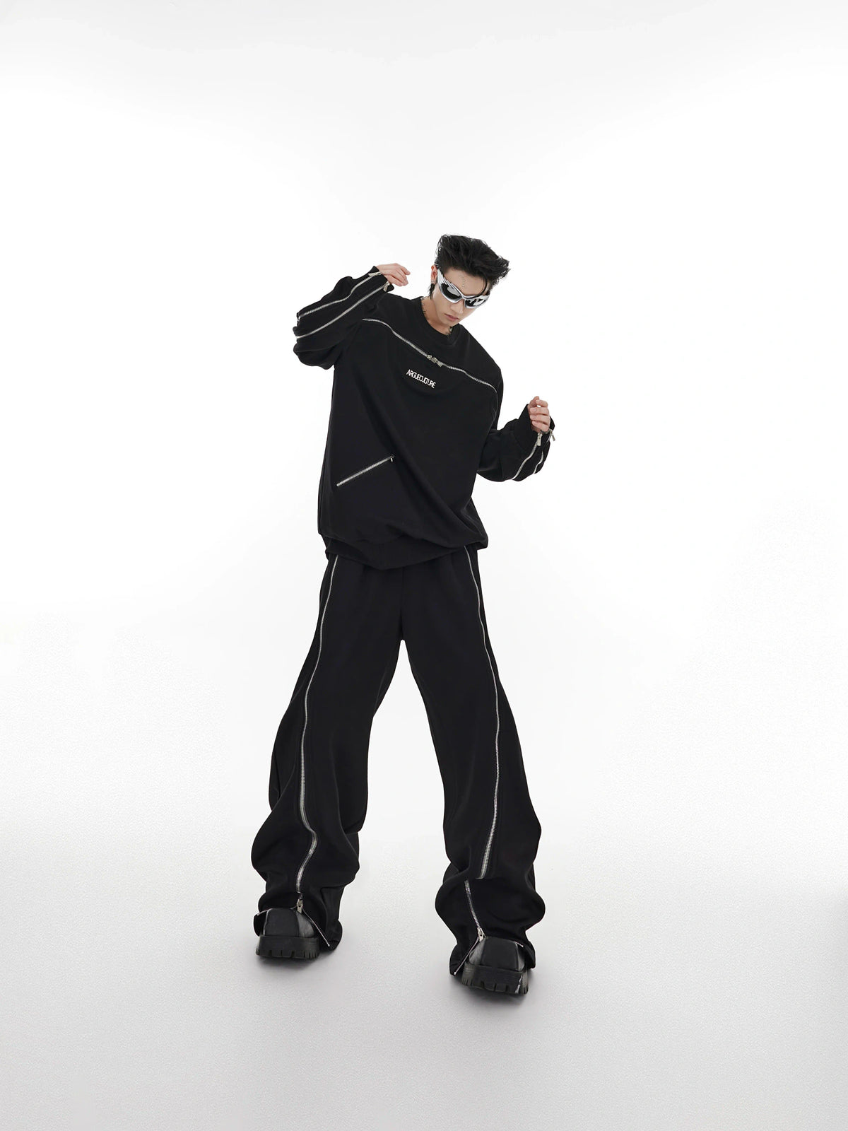 Asymmetric Full-Zip Crewneck Sweatshirt | Loose Fit - main image 3