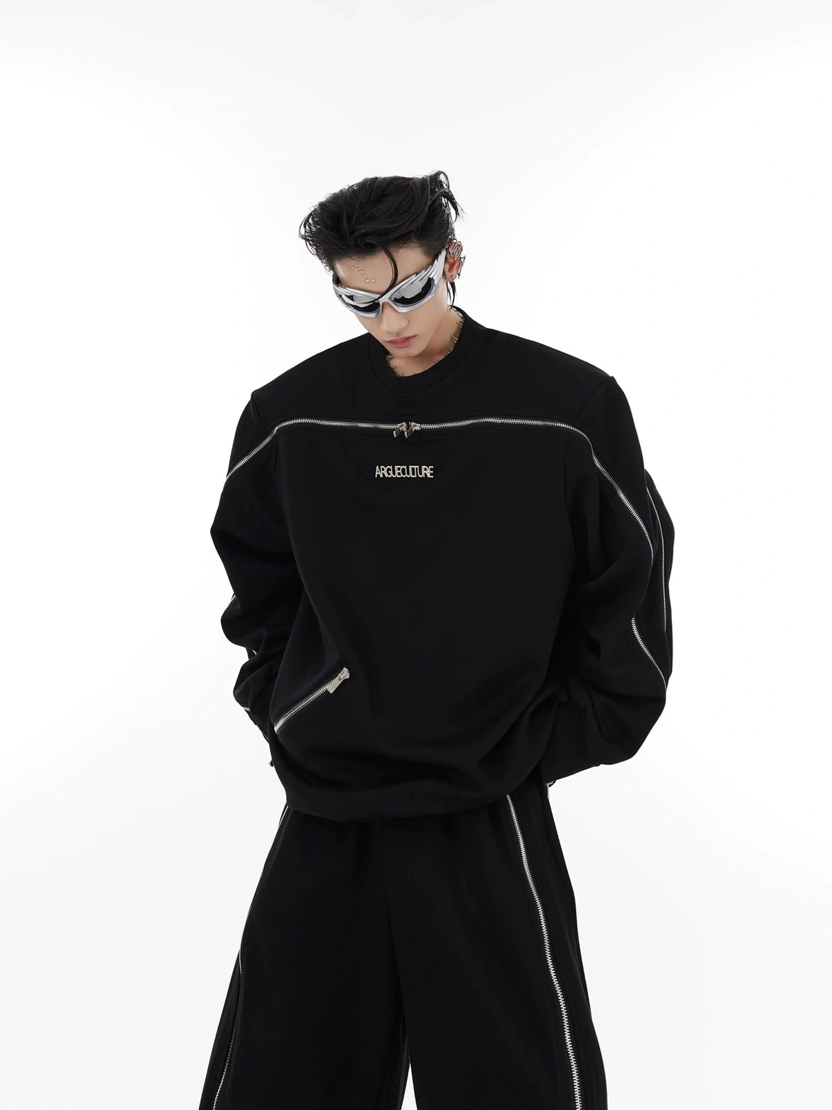 Asymmetric Full-Zip Crewneck Sweatshirt | Loose Fit - Black Sweatshirt