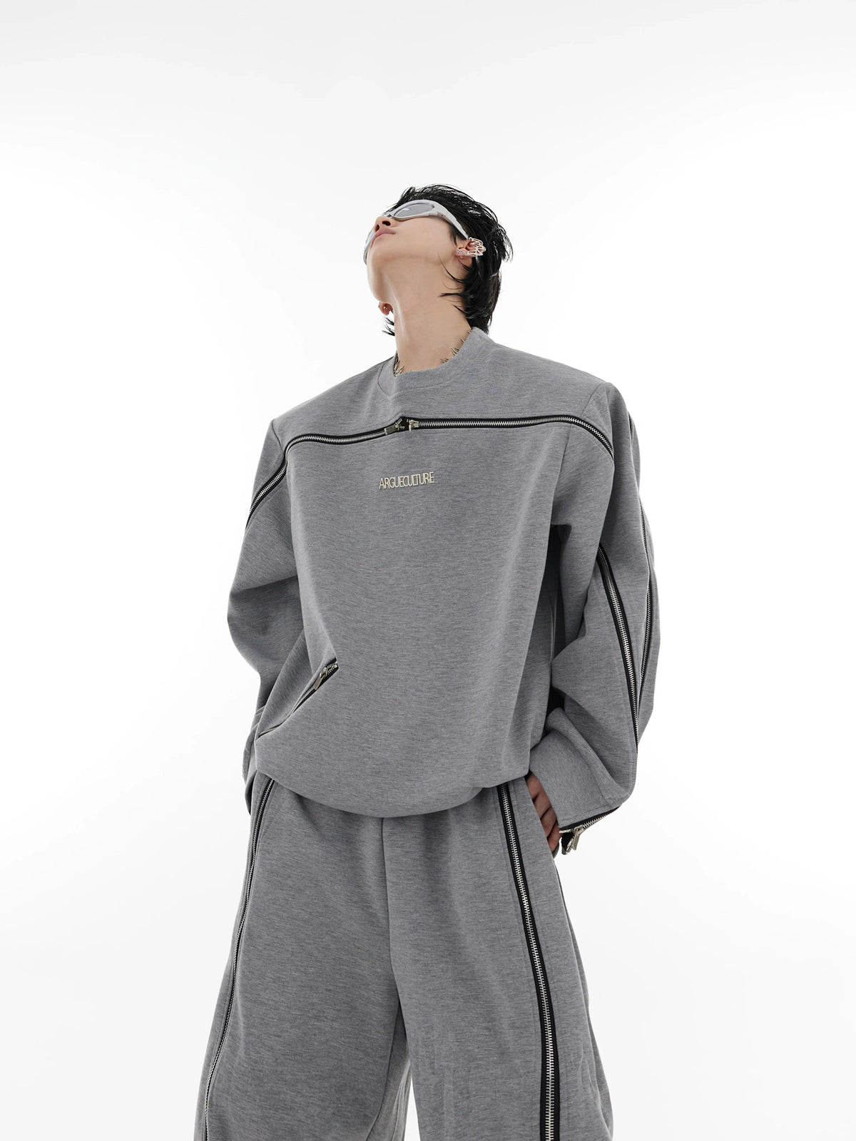 Asymmetric Full-Zip Crewneck Sweatshirt | Loose Fit - Gray Sweatshirt