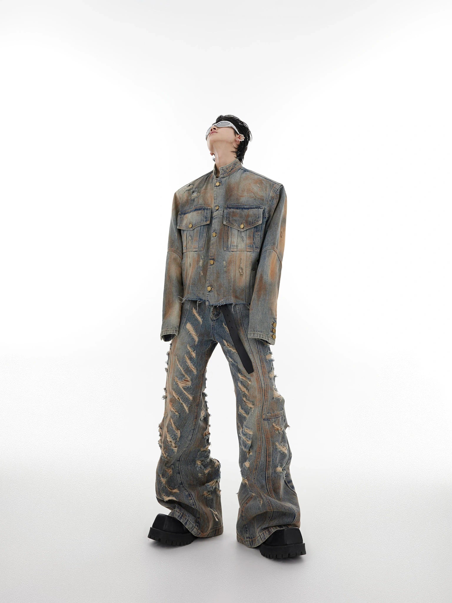 Distressed Denim Jacket and Flare Pants Set - main image 1