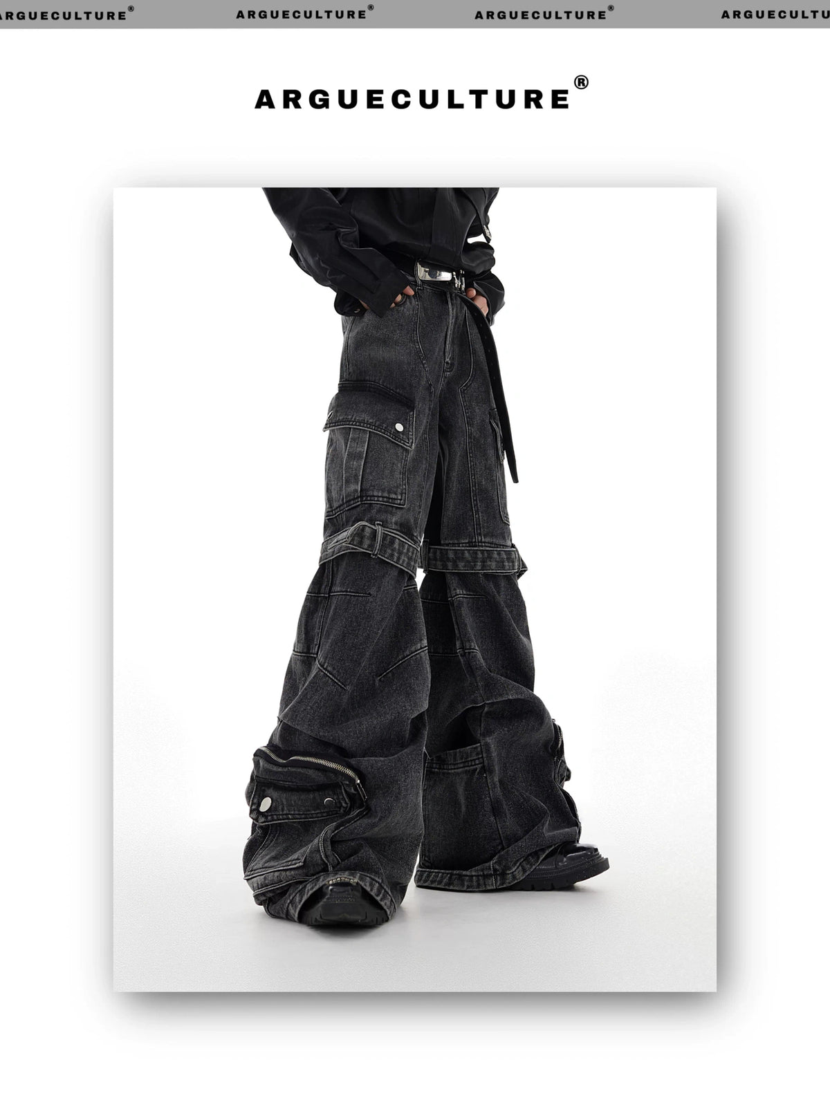 Black Gray Multi-Pocket Wide-Leg Utility Jeans - description image 1