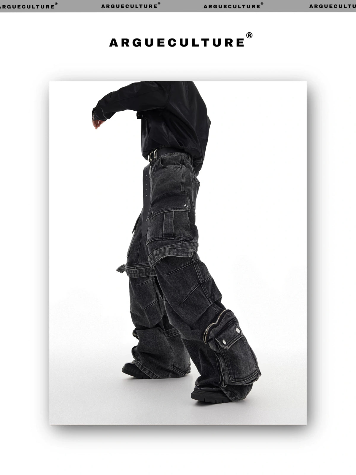 Black Gray Multi-Pocket Wide-Leg Utility Jeans - description image 2