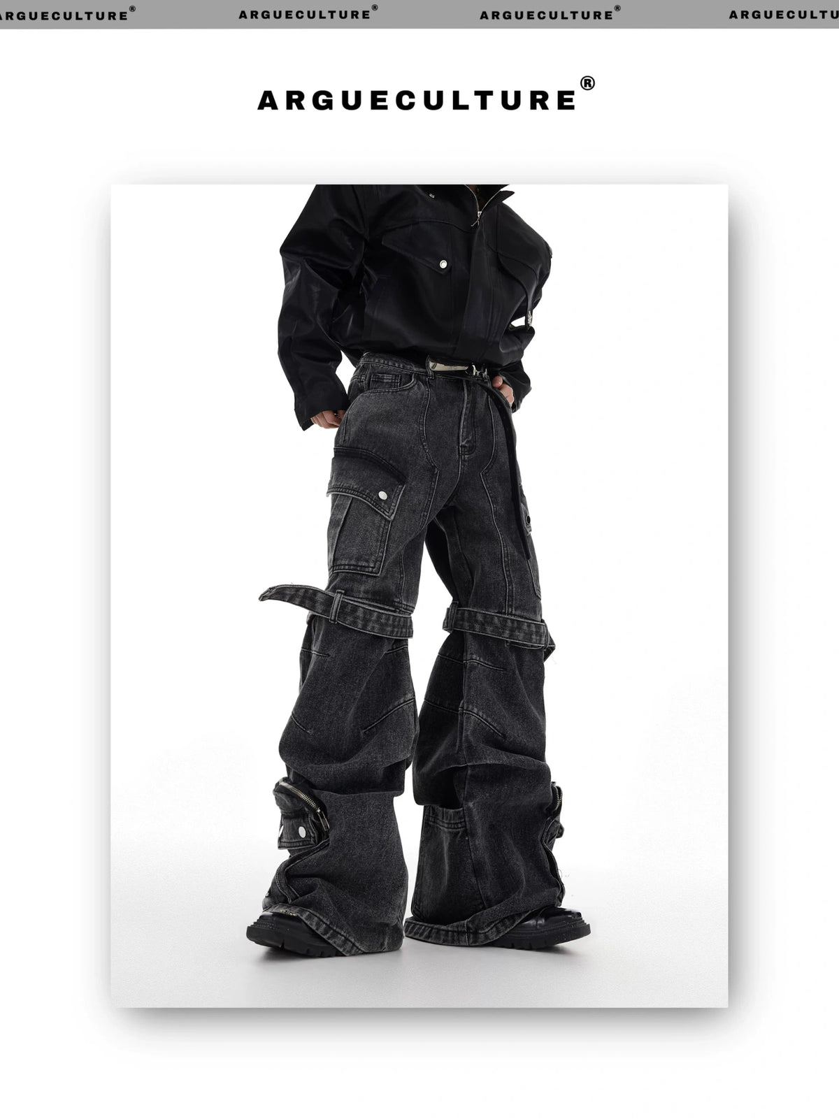 Black Gray Multi-Pocket Wide-Leg Utility Jeans - description image 3