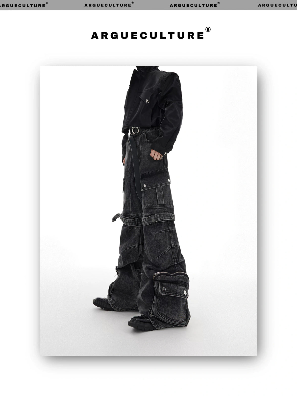 Black Gray Multi-Pocket Wide-Leg Utility Jeans - description image 4