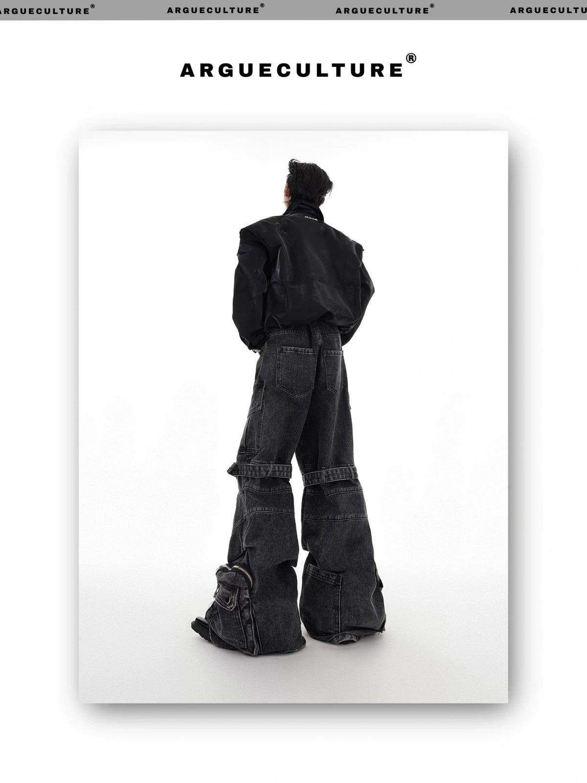 Black Gray Multi-Pocket Wide-Leg Utility Jeans - description image 5