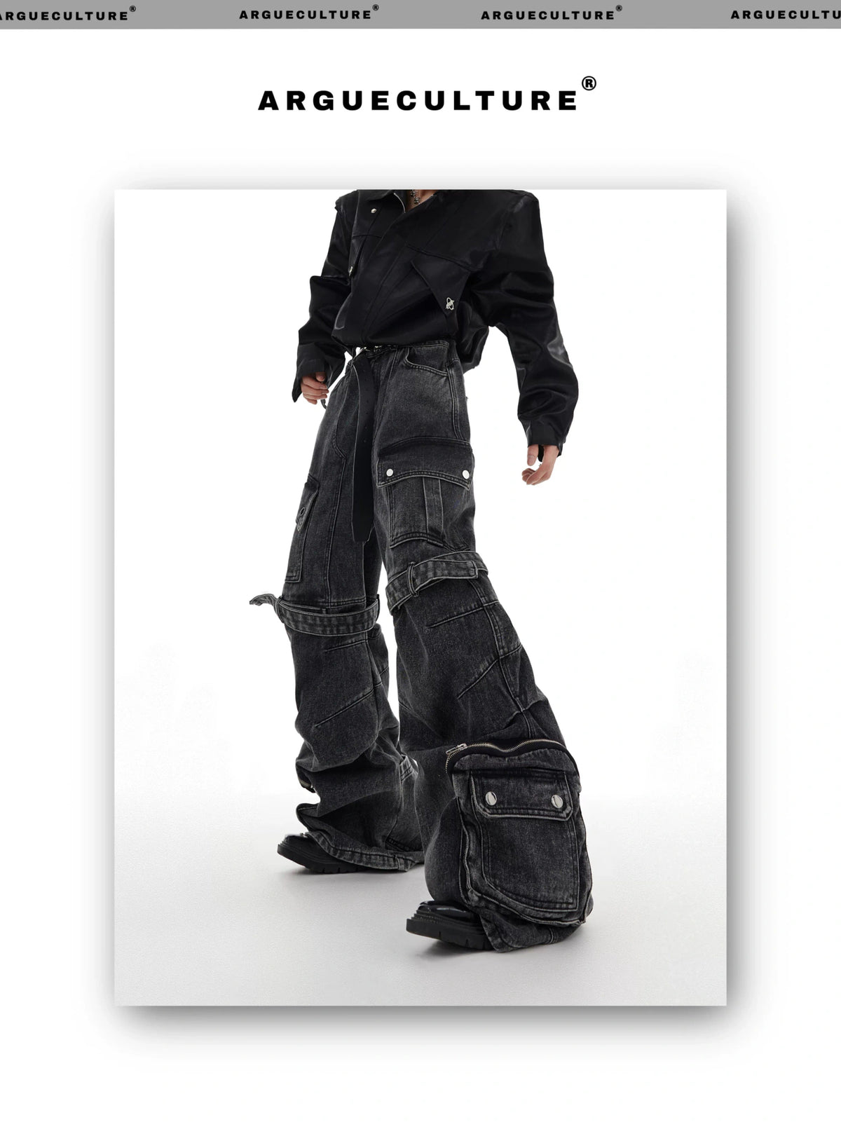 Black Gray Multi-Pocket Wide-Leg Utility Jeans - description image 6