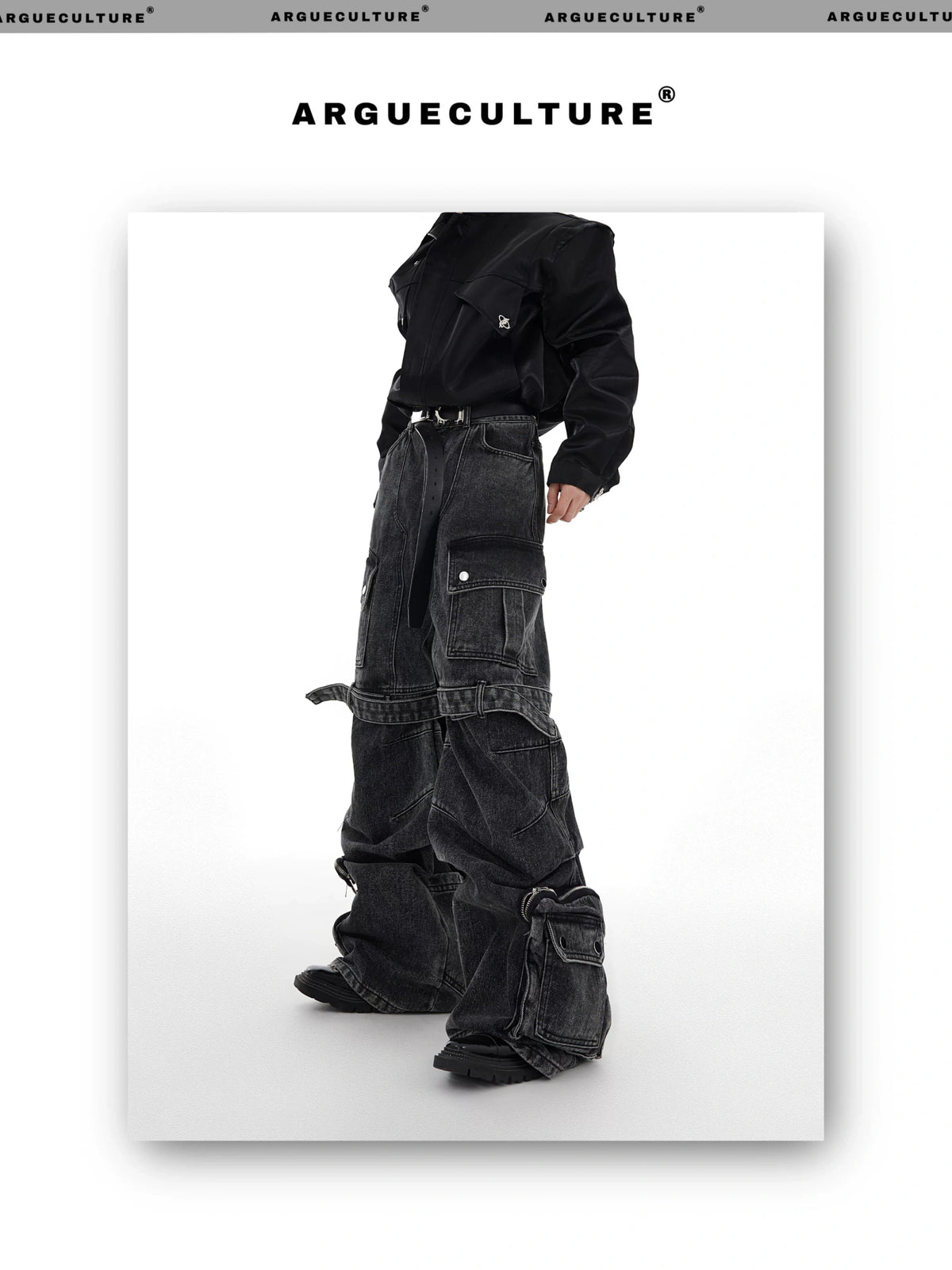 Black Gray Multi-Pocket Wide-Leg Utility Jeans - description image 7