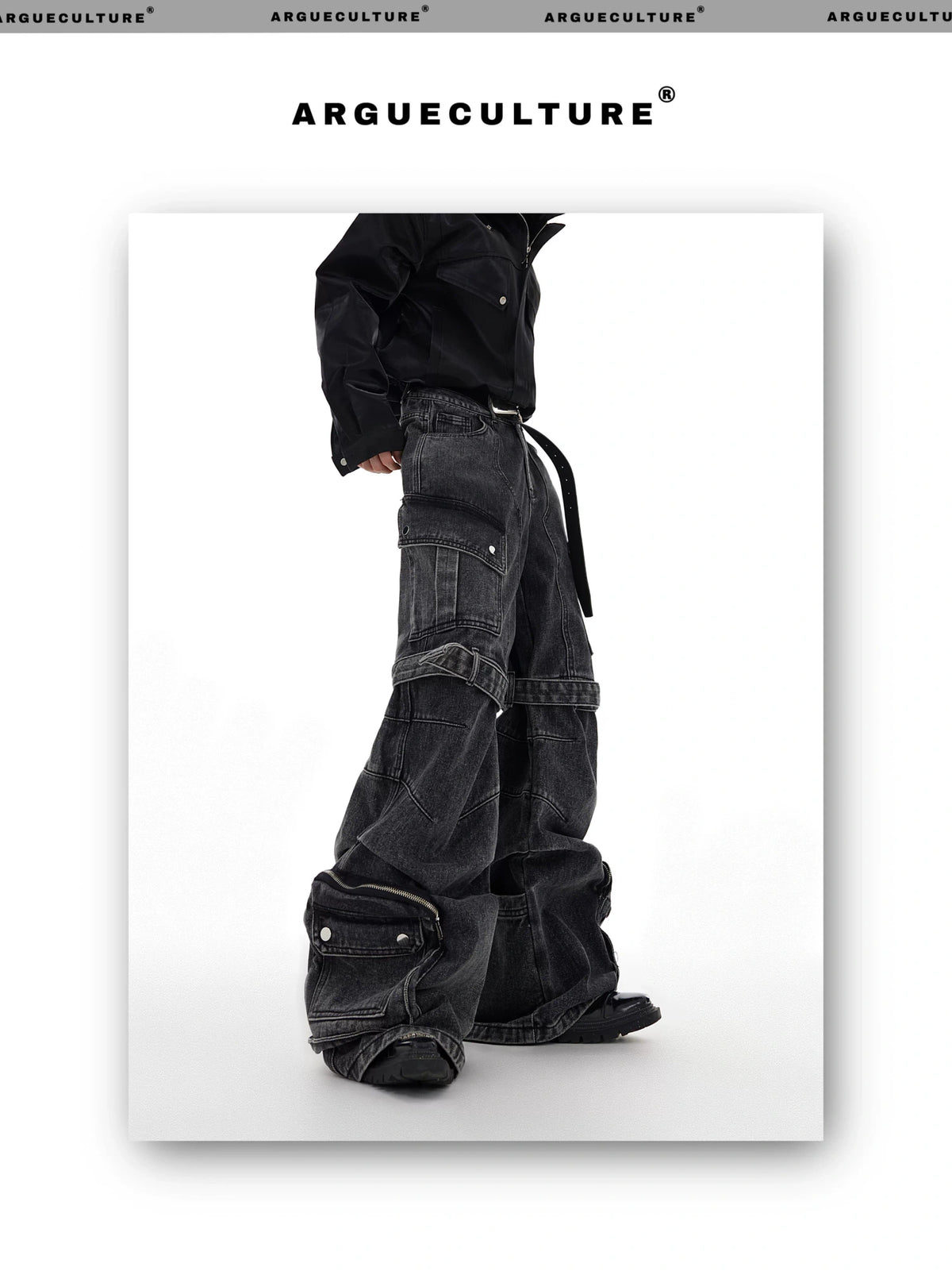 Black Gray Multi-Pocket Wide-Leg Utility Jeans - description image 8
