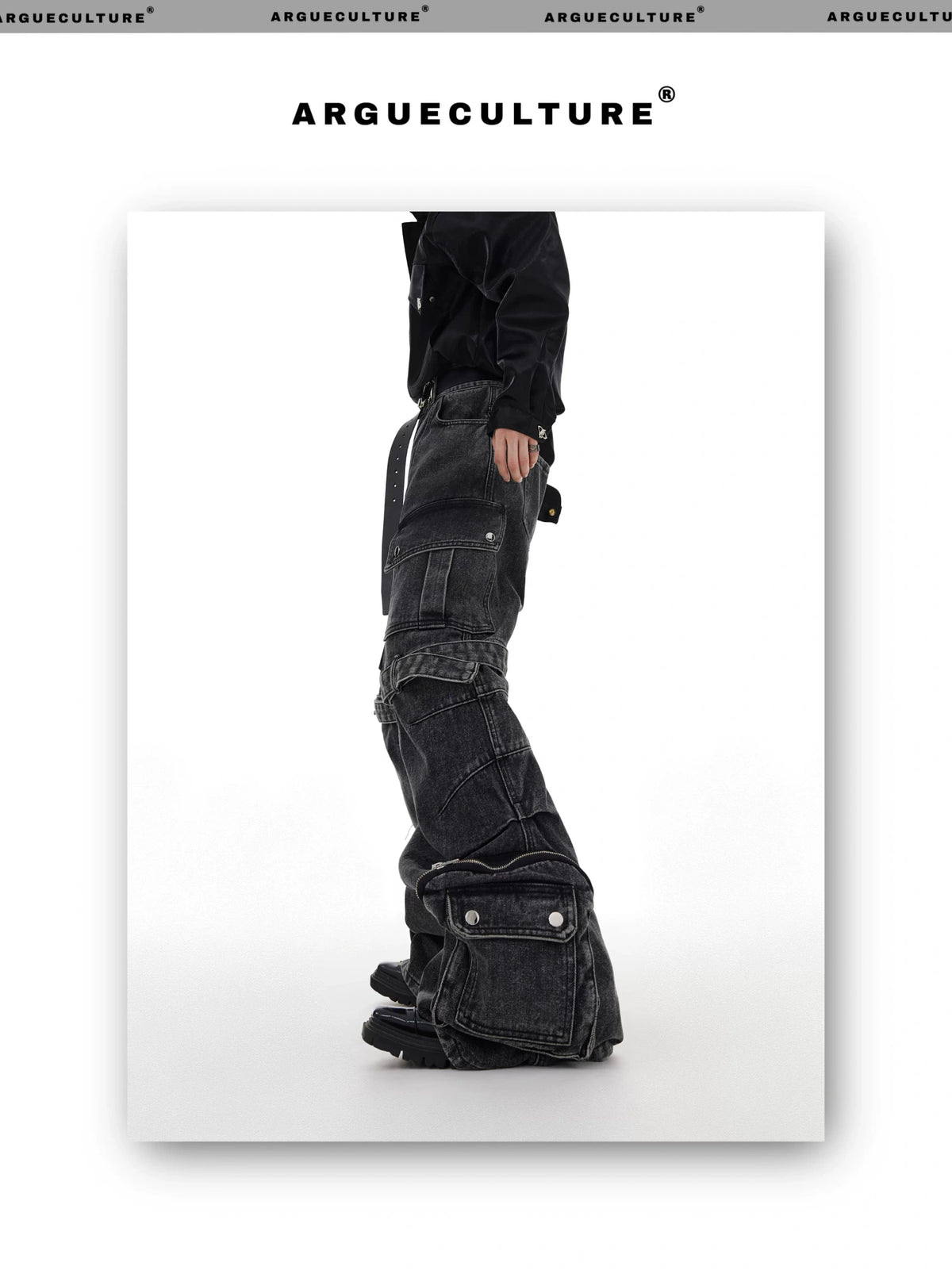 Black Gray Multi-Pocket Wide-Leg Utility Jeans - description image 9