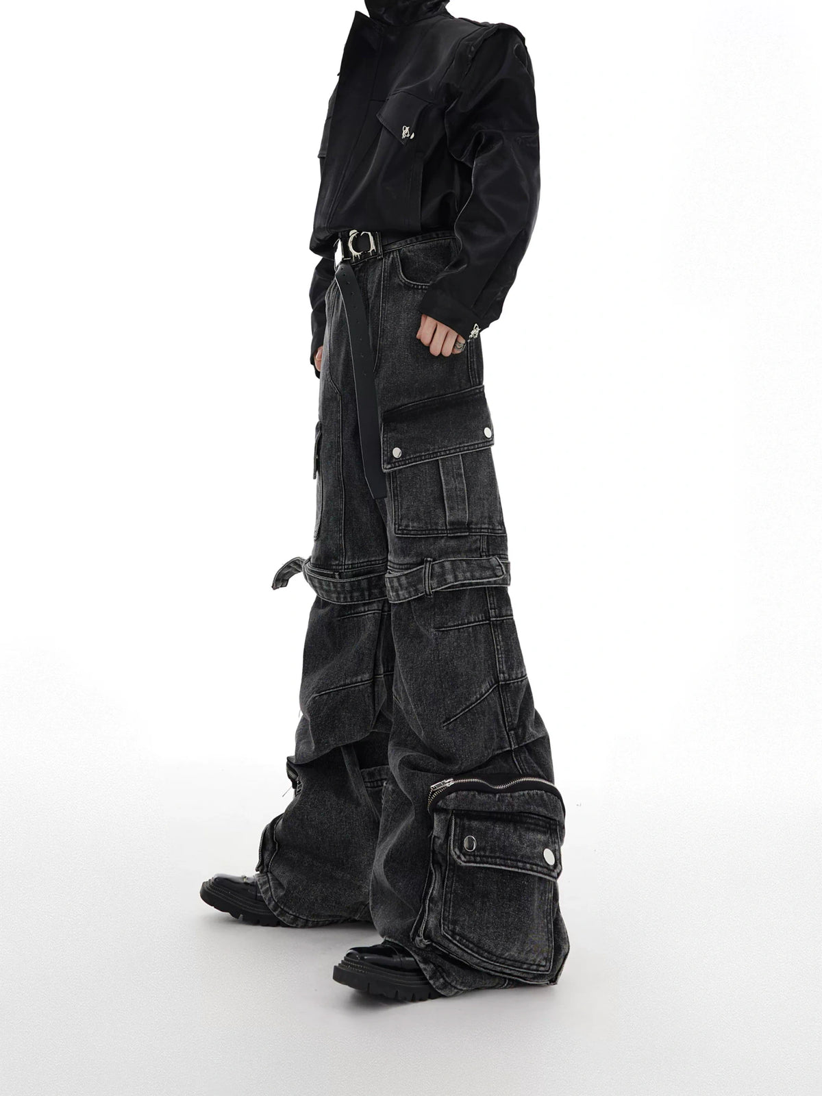 Black Gray Multi-Pocket Wide-Leg Utility Jeans - main image 1