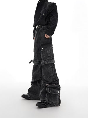 Black Gray Multi-Pocket Wide-Leg Utility Jeans - main image 1