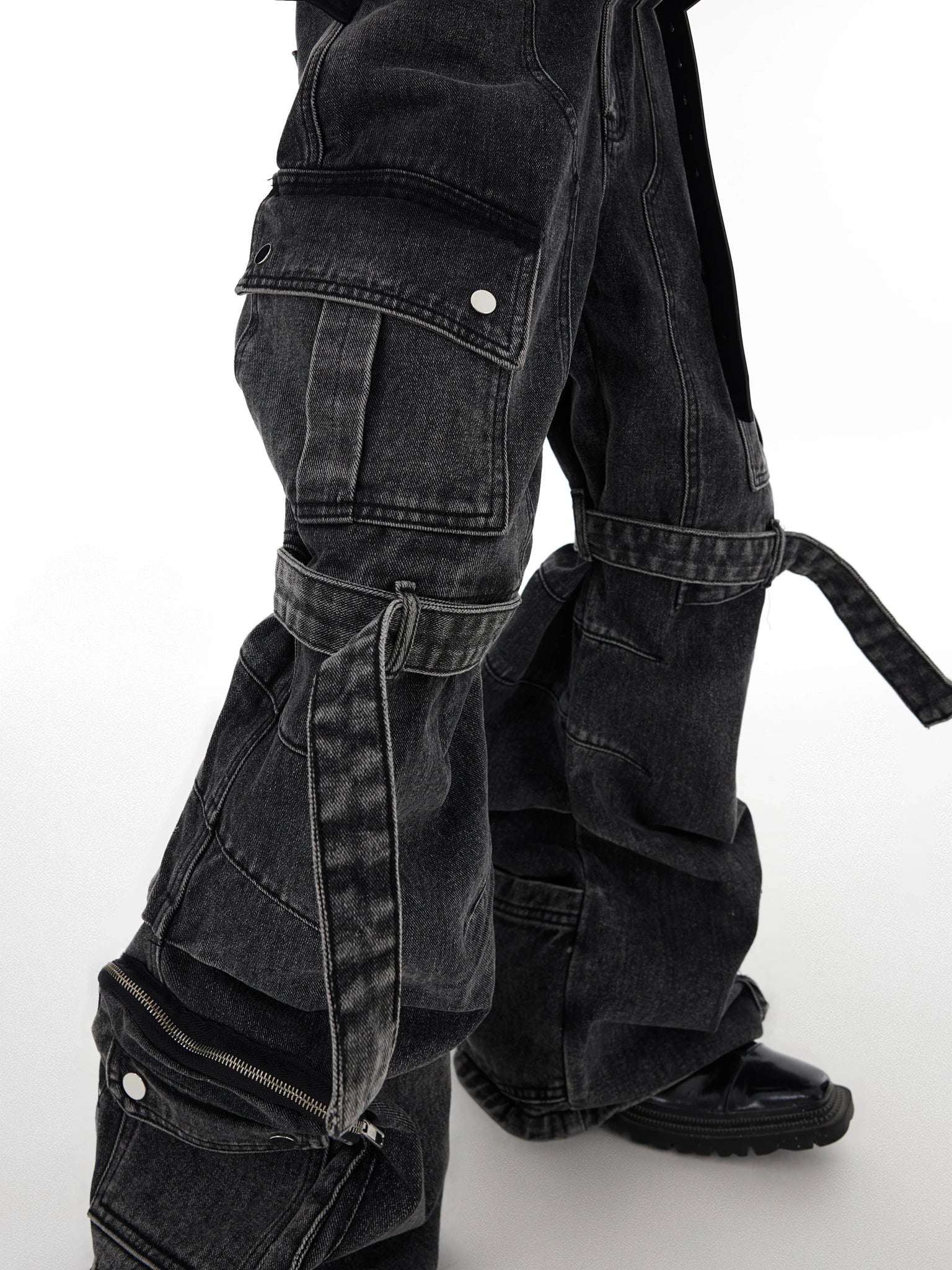 Black Gray Multi-Pocket Wide-Leg Utility Jeans - main image 2