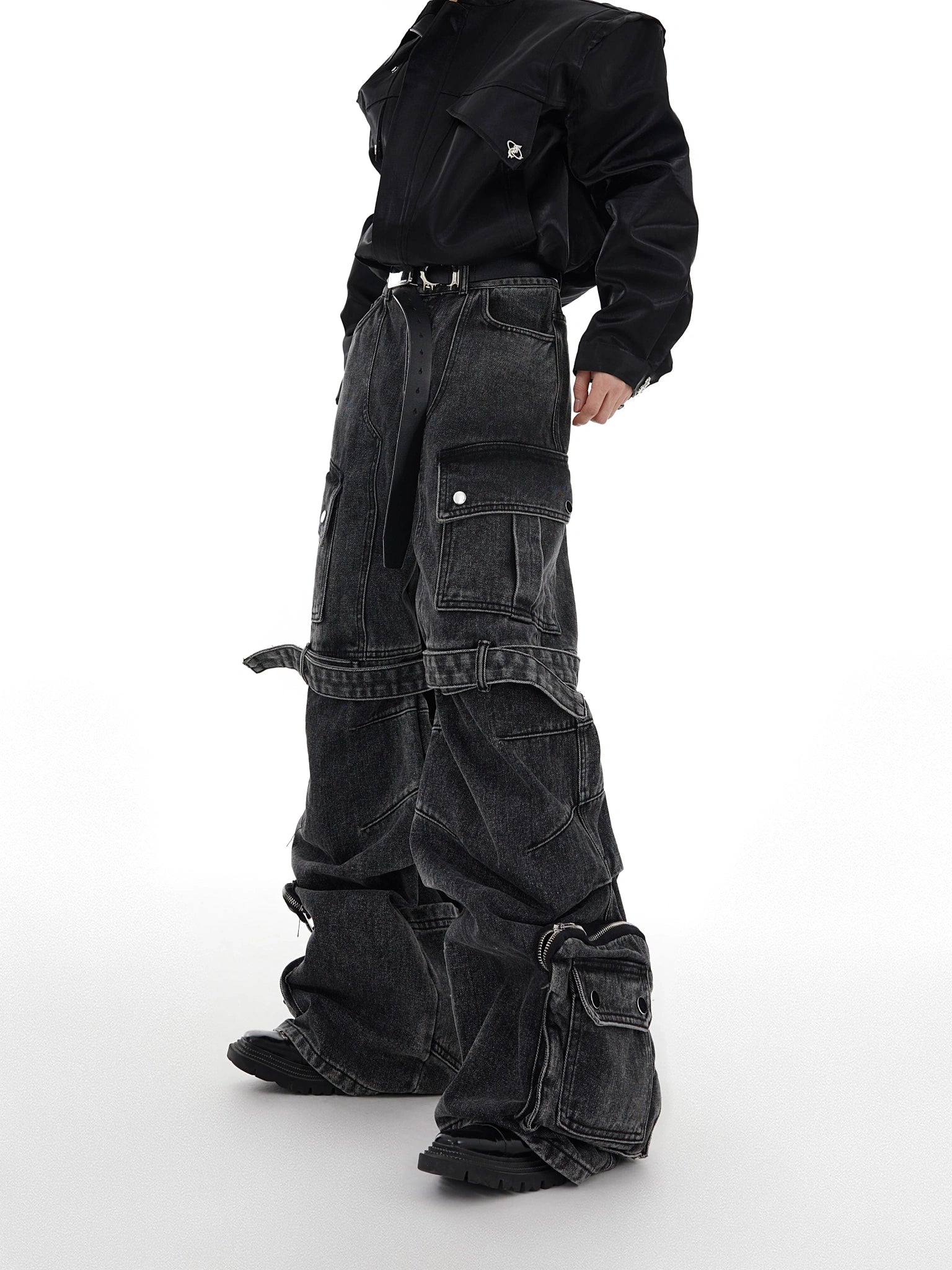 Black Gray Multi-Pocket Wide-Leg Utility Jeans - main image 3