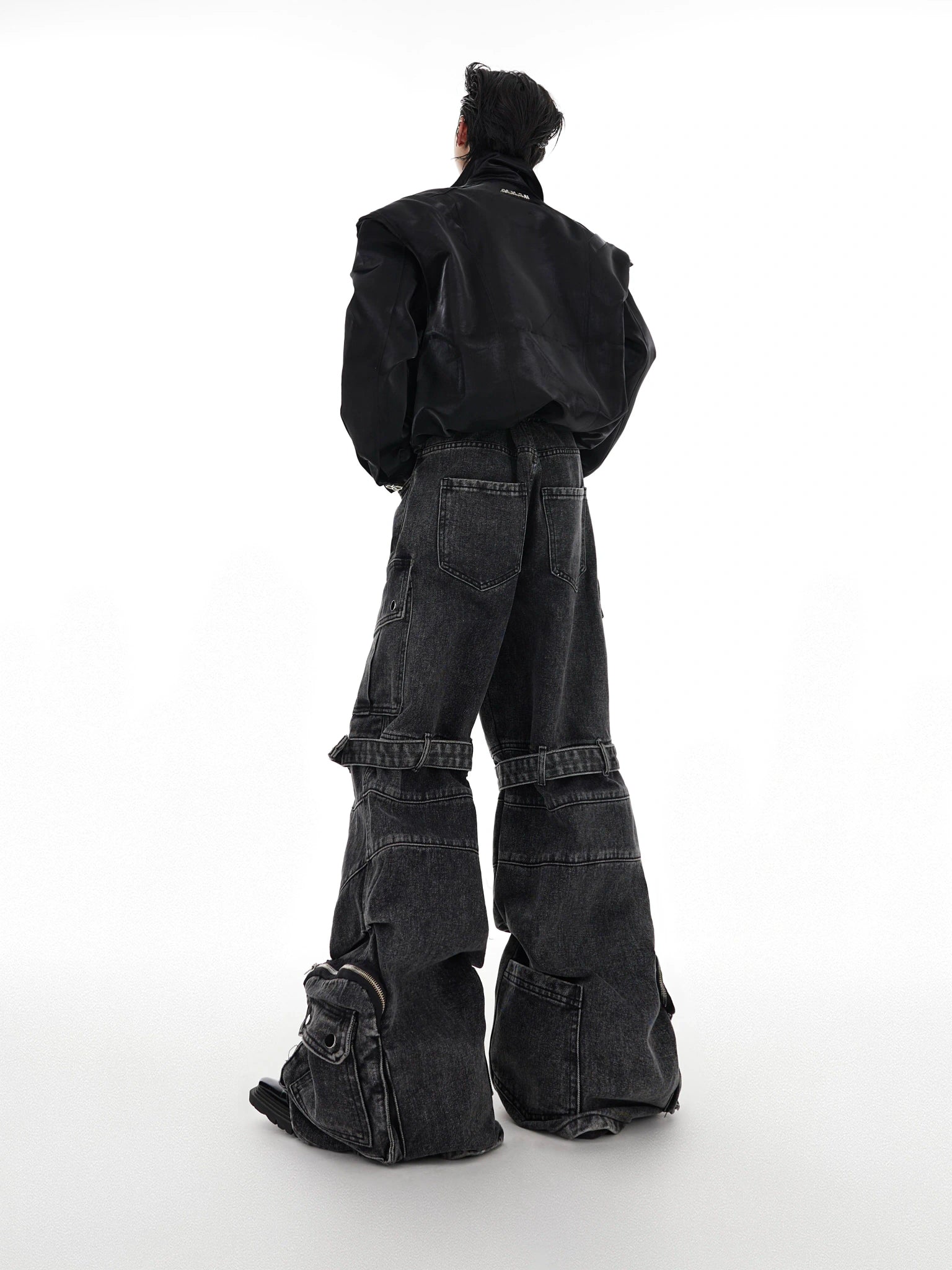Black Gray Multi-Pocket Wide-Leg Utility Jeans - main image 4