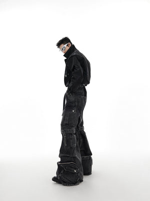 Black Gray Multi-Pocket Wide-Leg Utility Jeans - main image 5