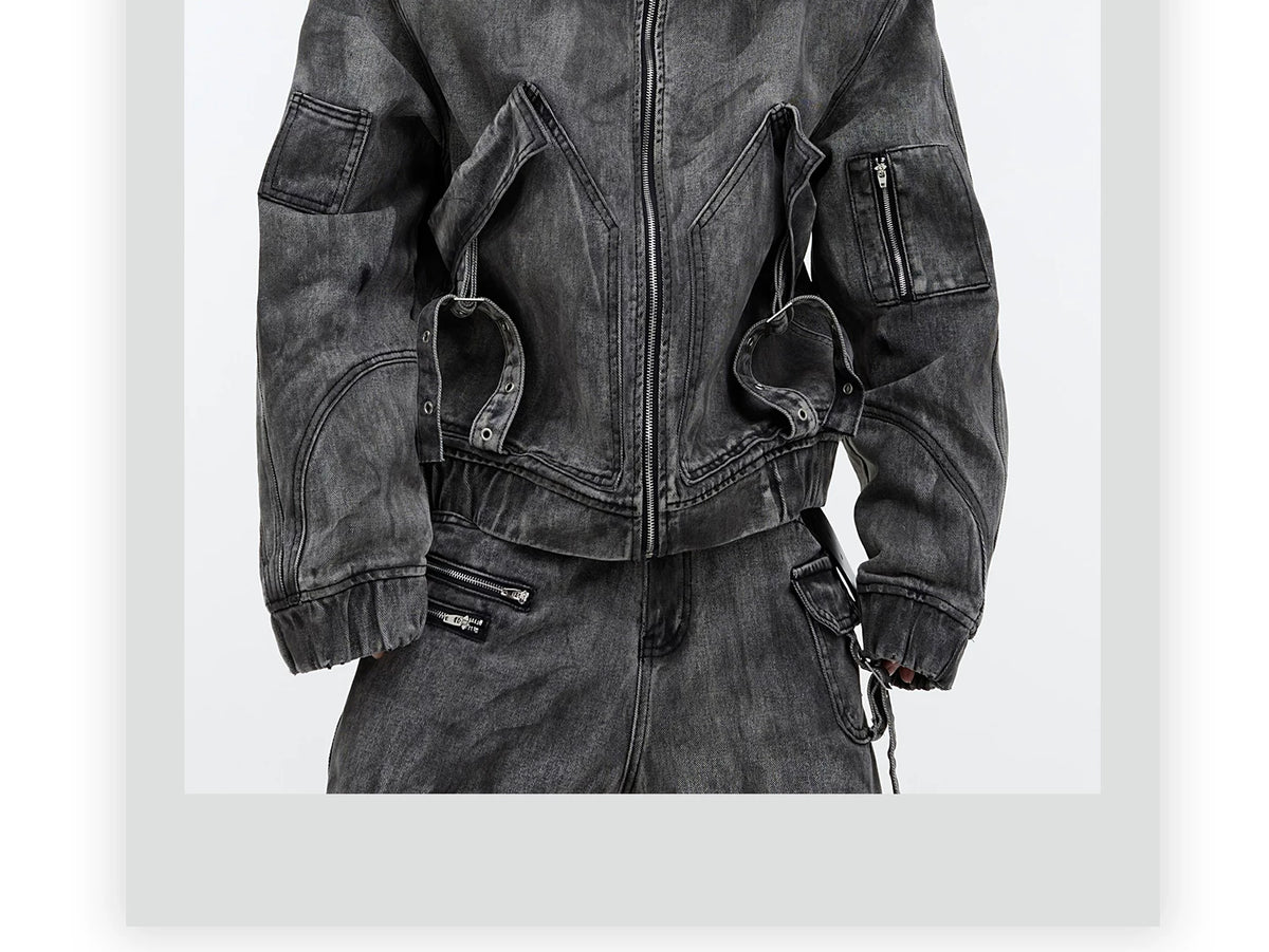 Distressed Gray Denim Utility Jacket and Pants Set - description image 1