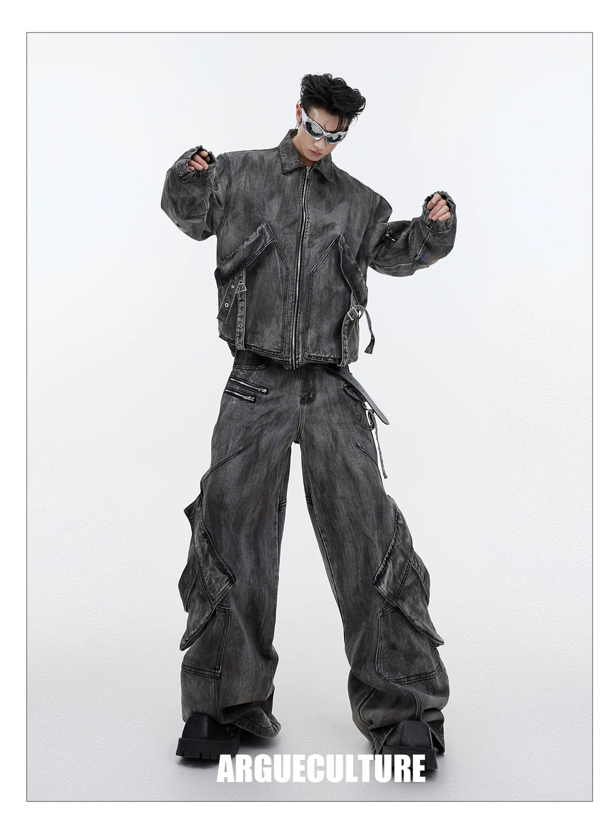 Distressed Gray Denim Utility Jacket and Pants Set - description image 3