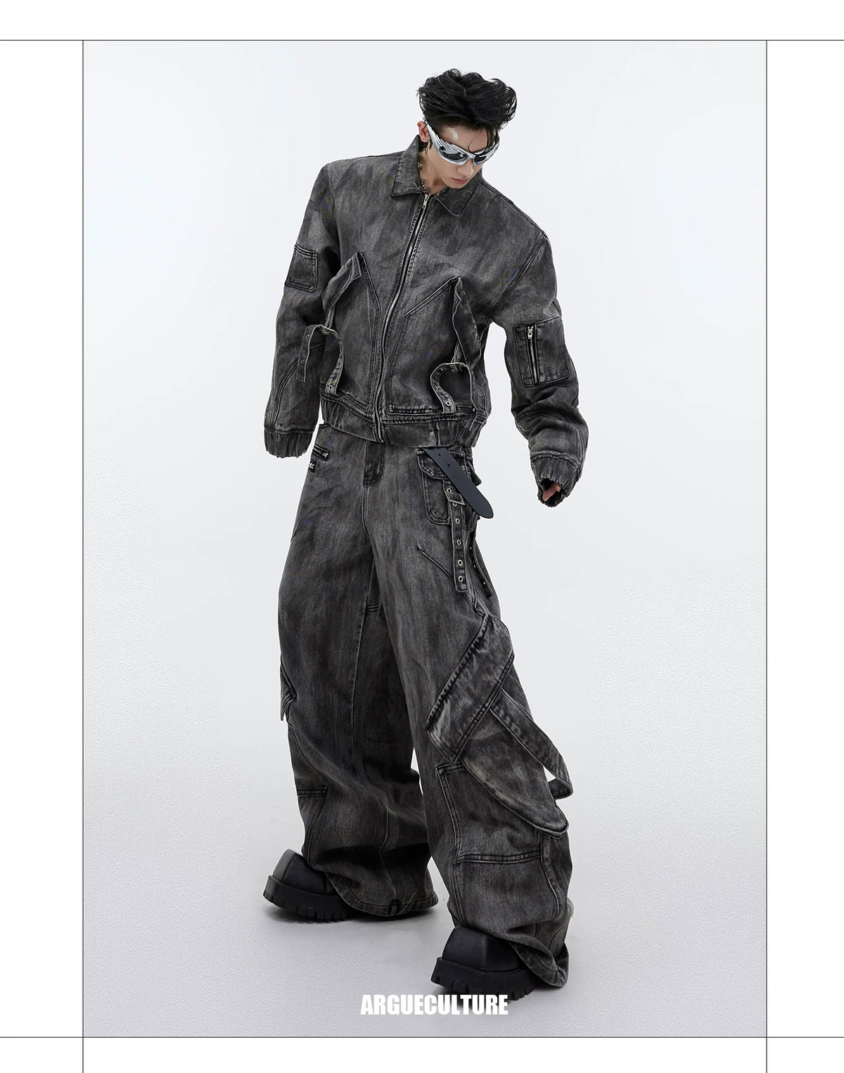 Distressed Gray Denim Utility Jacket and Pants Set - description image 4